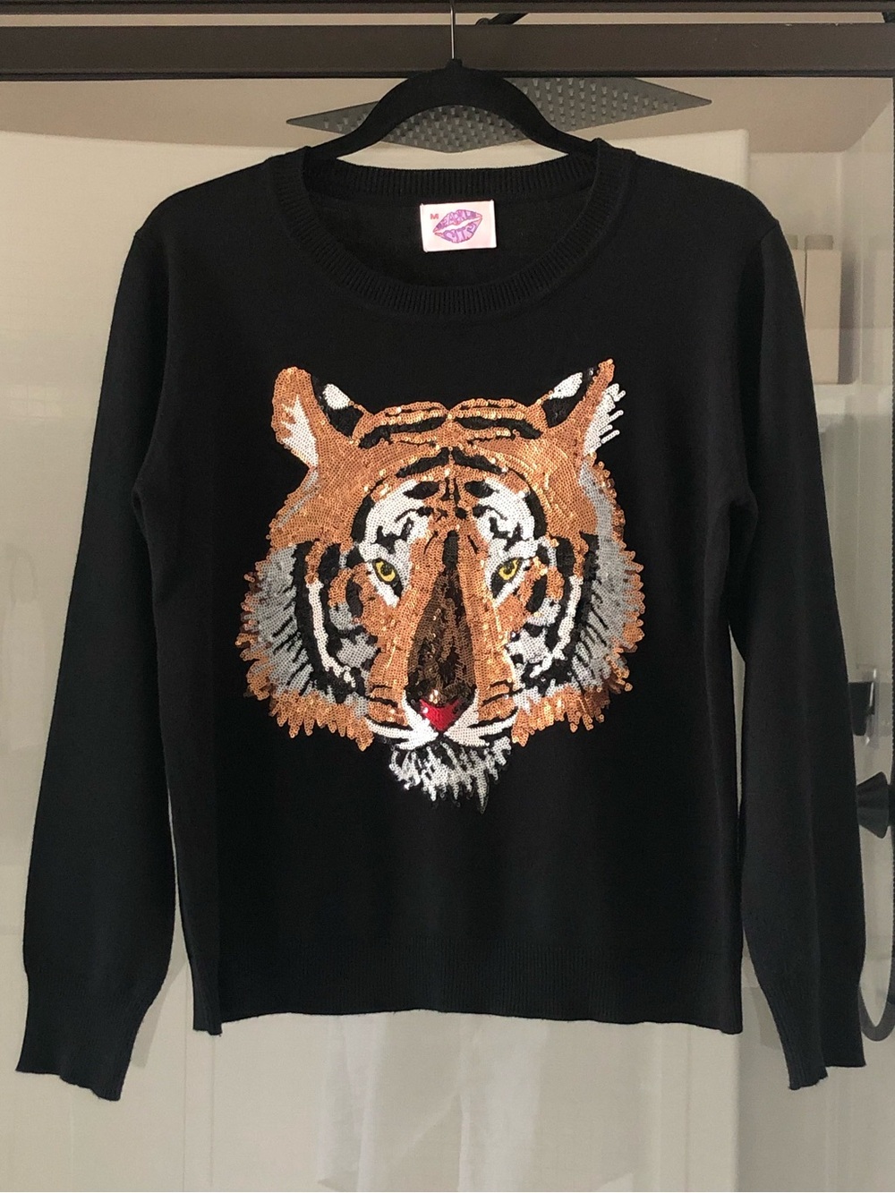 Sparkle City Black Mega Mike Sequin Tiger Crewneck Sweater | Medium